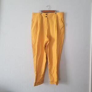 Boden Pleated Linen Turn Up Straight Leg Linen Trousers in Mustard Yellow